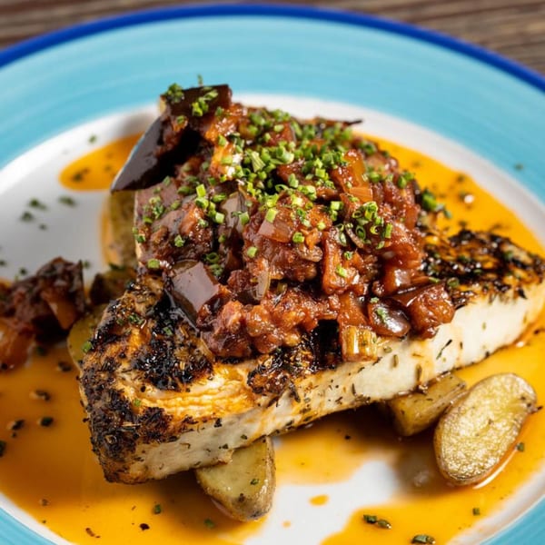 Grilled fish topped with a rich tomato and eggplant caponata, served with roasted potatoes.