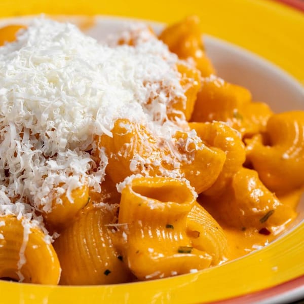 Fanny's Italian pasta dish with shell-shaped pasta in a creamy orange sauce, topped with grated cheese.